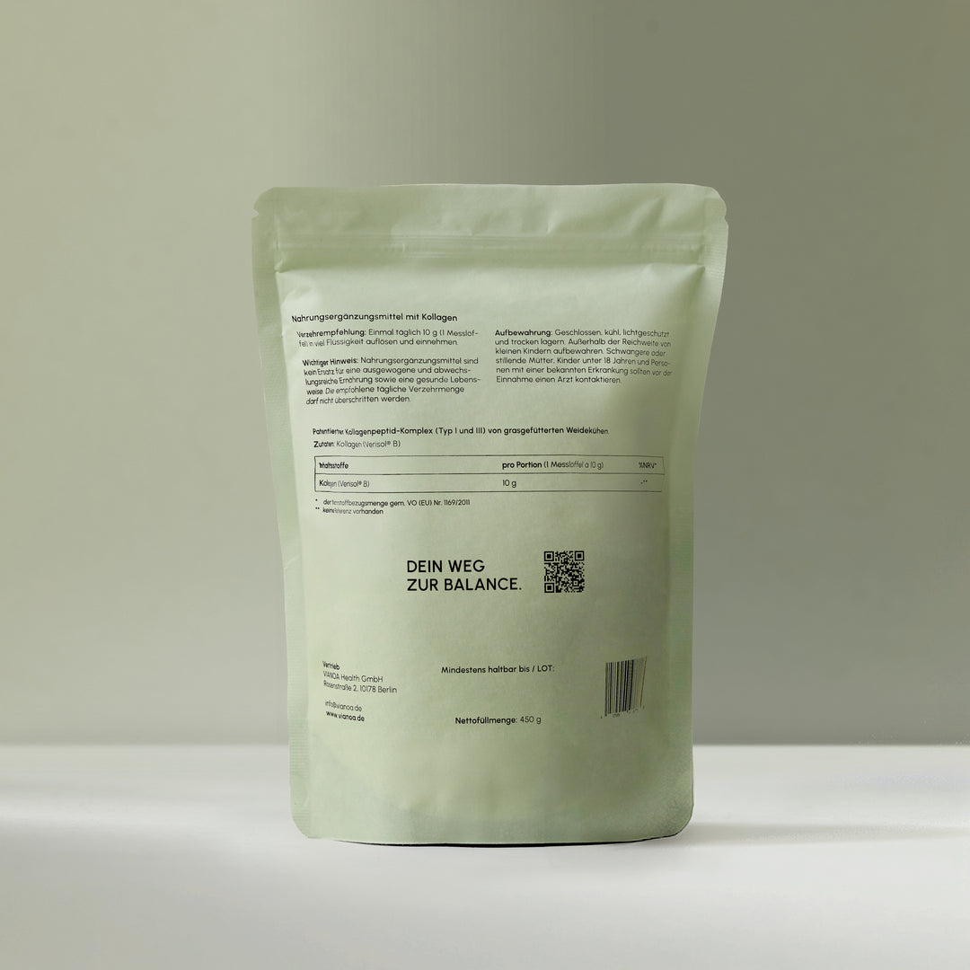 Rückseite VIANOA Kollagen Peptide Verisol B mit Anwendung, Verzehrempfehlung, Aufbewahrungshinweis