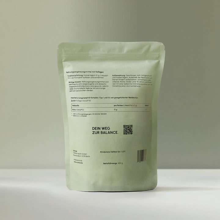 Rückseite VIANOA Kollagen Peptide Verisol B mit Anwendung, Verzehrempfehlung, Aufbewahrungshinweis