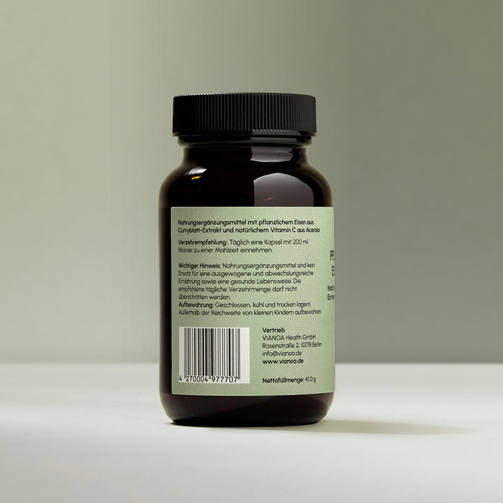 Rückseite VIANOA Pflanzliches Eisen plus Vitamin C Kapseln mit Verzehrempfehlung, Aufbewahrungshinweis