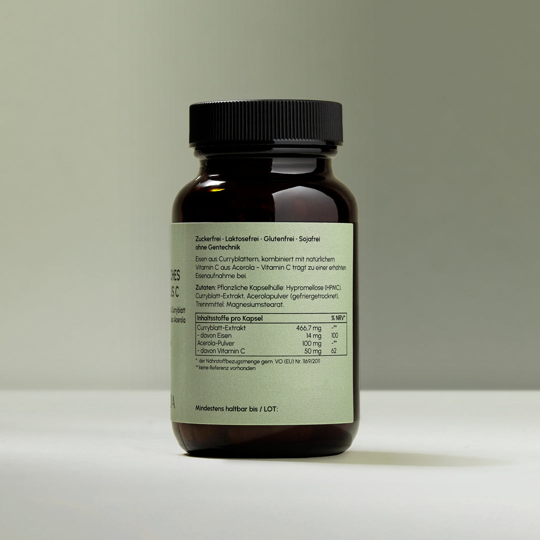 Nährwerttabelle der VIANOA Pflanzliches Eisen plus Vitamin C Kapseln.