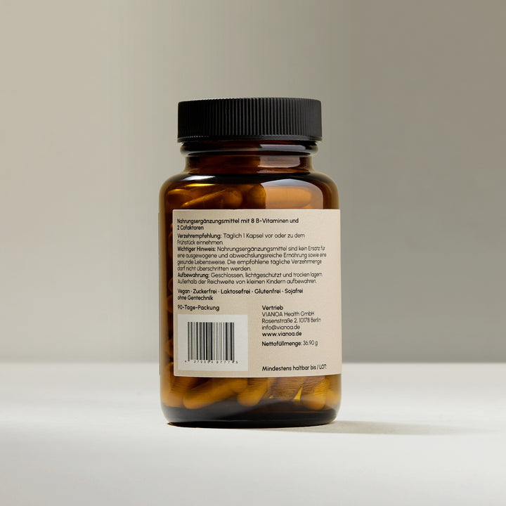 Rückseite VIANOA Vitamin B Komplex Kapseln mit Verzehrempfehlung, Aufbewahrungshinweis